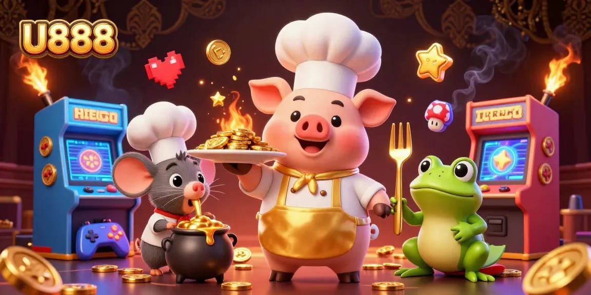 Experience the thrill of U888 with a vibrant 3D casino scene featuring unique characters and golden prizes.