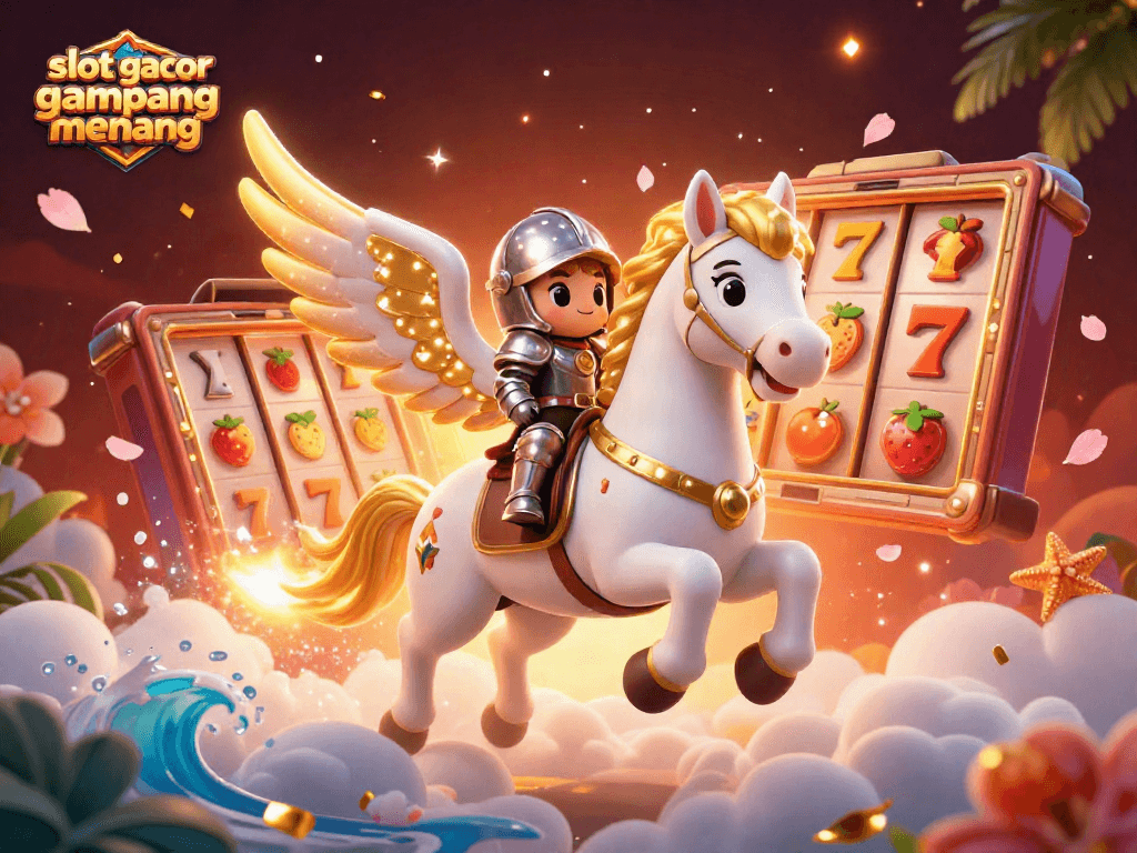 Experience the thrill of slot gacor gampang menang with a magical scene featuring a galloping white horse and casino game elements.