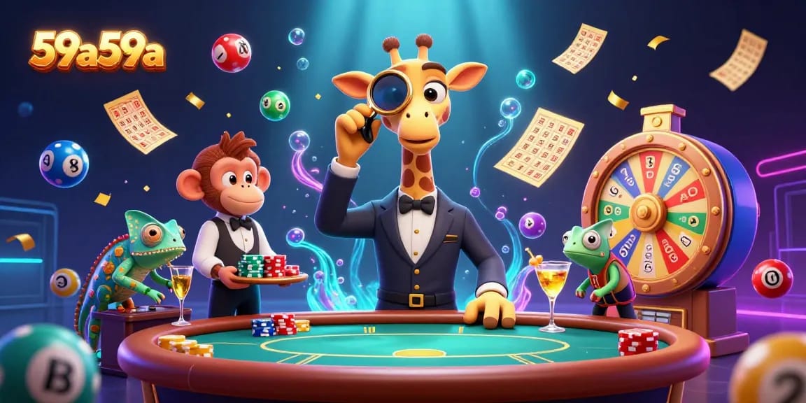 Engage with 59a59a's vibrant casino atmosphere featuring characters in a lively lottery scene.