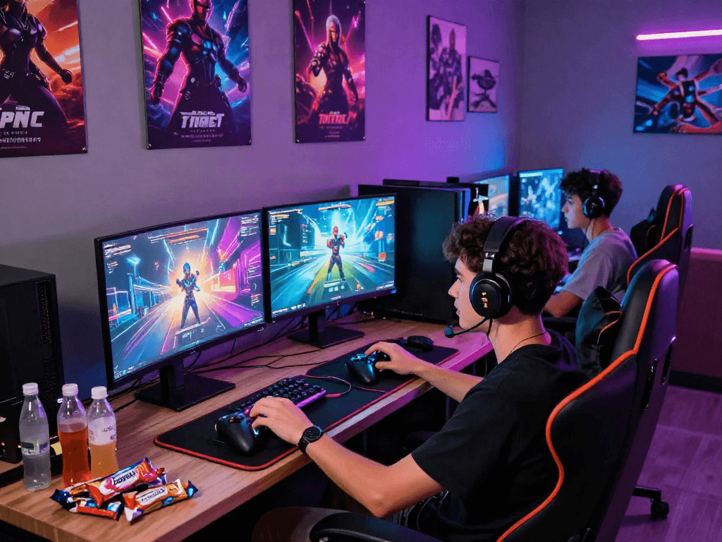 Engaging gaming lounge with a young man immersed in porngames on dual monitors, showcasing vibrant graphics and gaming accessories.