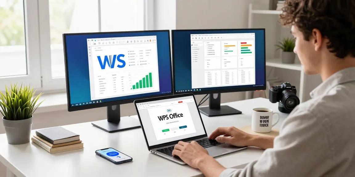 WPS Download in a stylish workspace with vibrant software templates on dual monitors.
