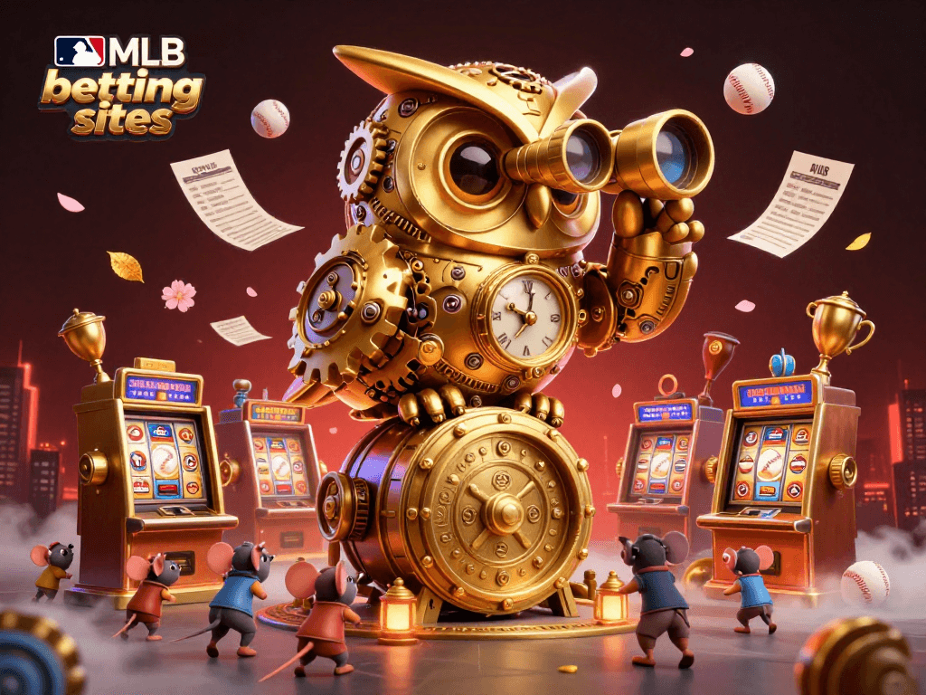 Engage with mlb betting sites featuring a vibrant scene of a clockwork owl and animated baseball slot machines.