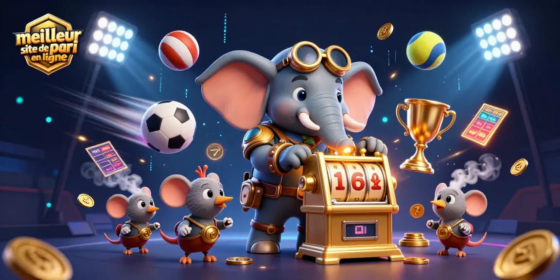 Visuel dynamique illustrant le meilleur site de pari en ligne avec un éléphant ingénieur steampunk et des éléments de jeu engageants.