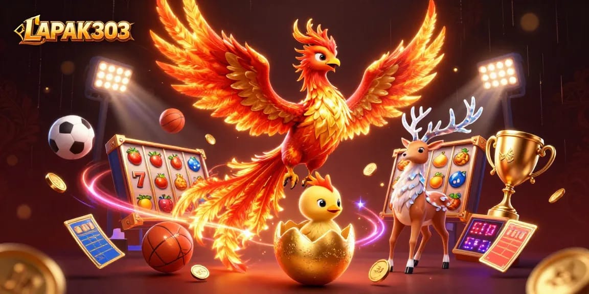 LAPAK303 ignites excitement with a thrilling 3D phoenix scene, showcasing vibrant slots gameplay.
