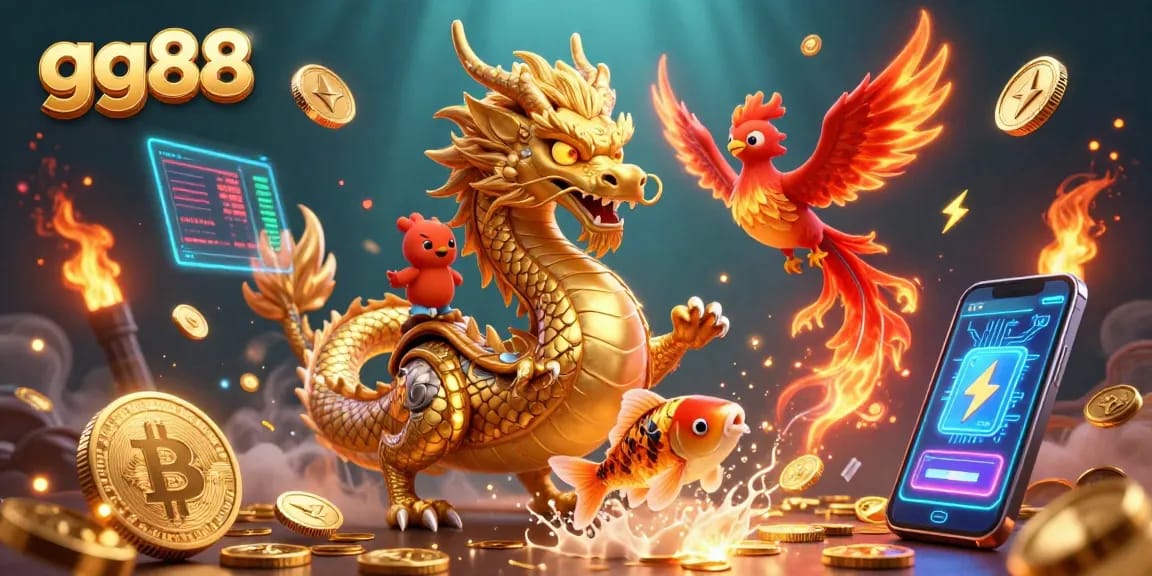Engage with thrilling gaming at gg88, featuring iconic golden dragon, phoenix, and koi in a vibrant casino scene.