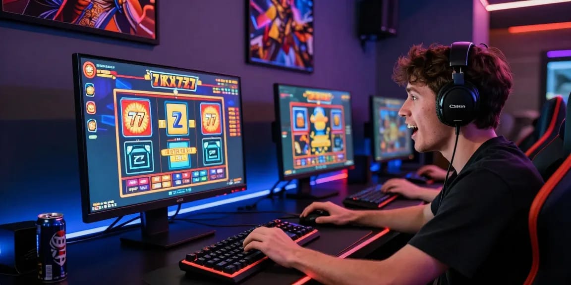 Player immersed in slot77 online game with vibrant graphics at illuminated gaming desk.