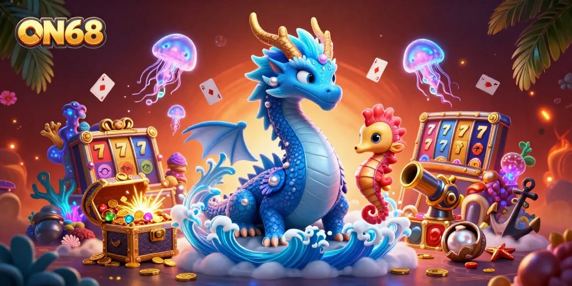 Engage in the vibrant casino world of ON68, featuring a majestic water dragon and seahorse knight amidst animated treasures.