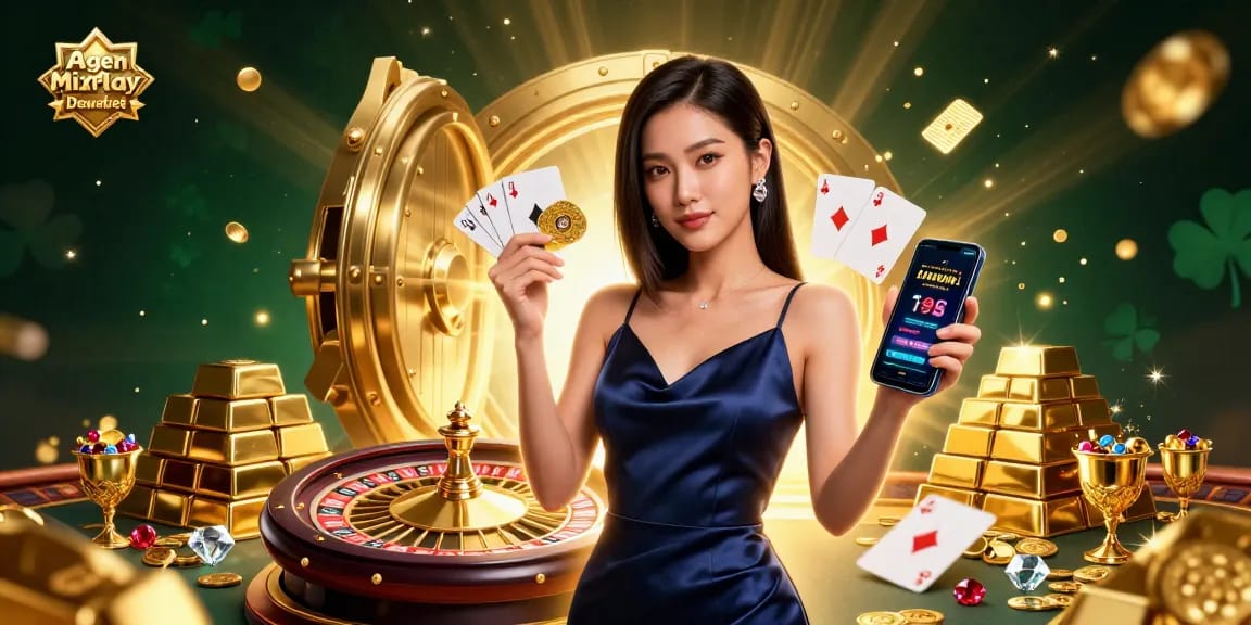 Agen Mix Parlay Dewabet showcases a confident Asian woman holding a casino app and golden chip amidst a vibrant casino scene.