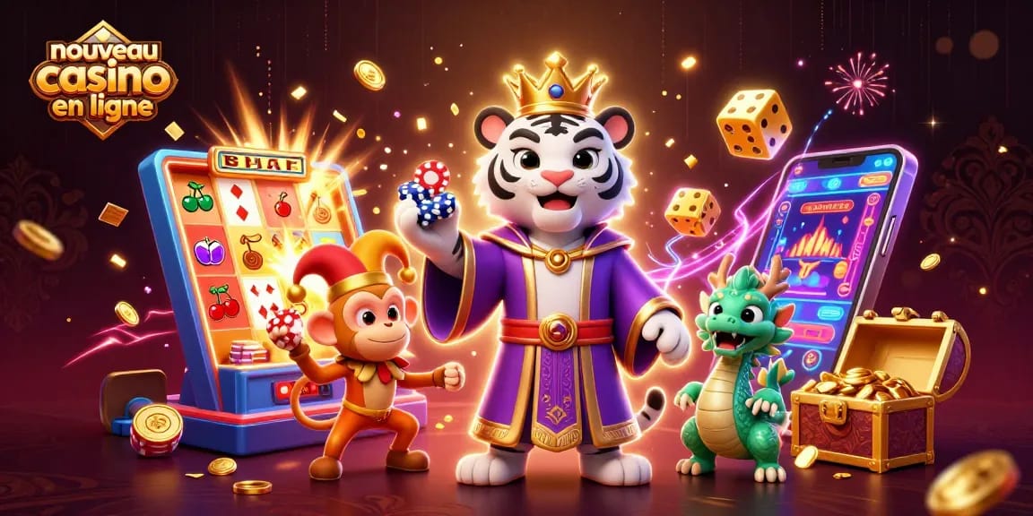 Nouveau casino en ligne : une illustration dynamique avec un tigre, un singe jongleur, des machines à sous et des éléments de jeu.