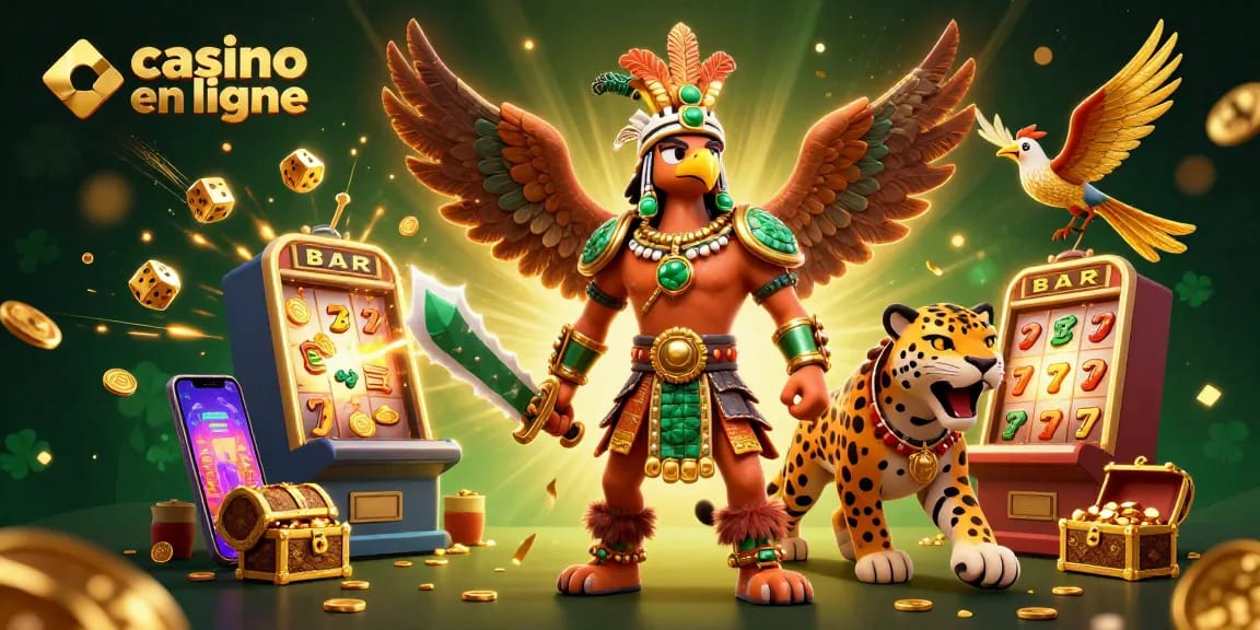 Vivez l'excitation du casino en ligne avec des guerriers aztèques et des éléments de jeu vibrants, mettant en avant des jackpots et des jeux colorés.