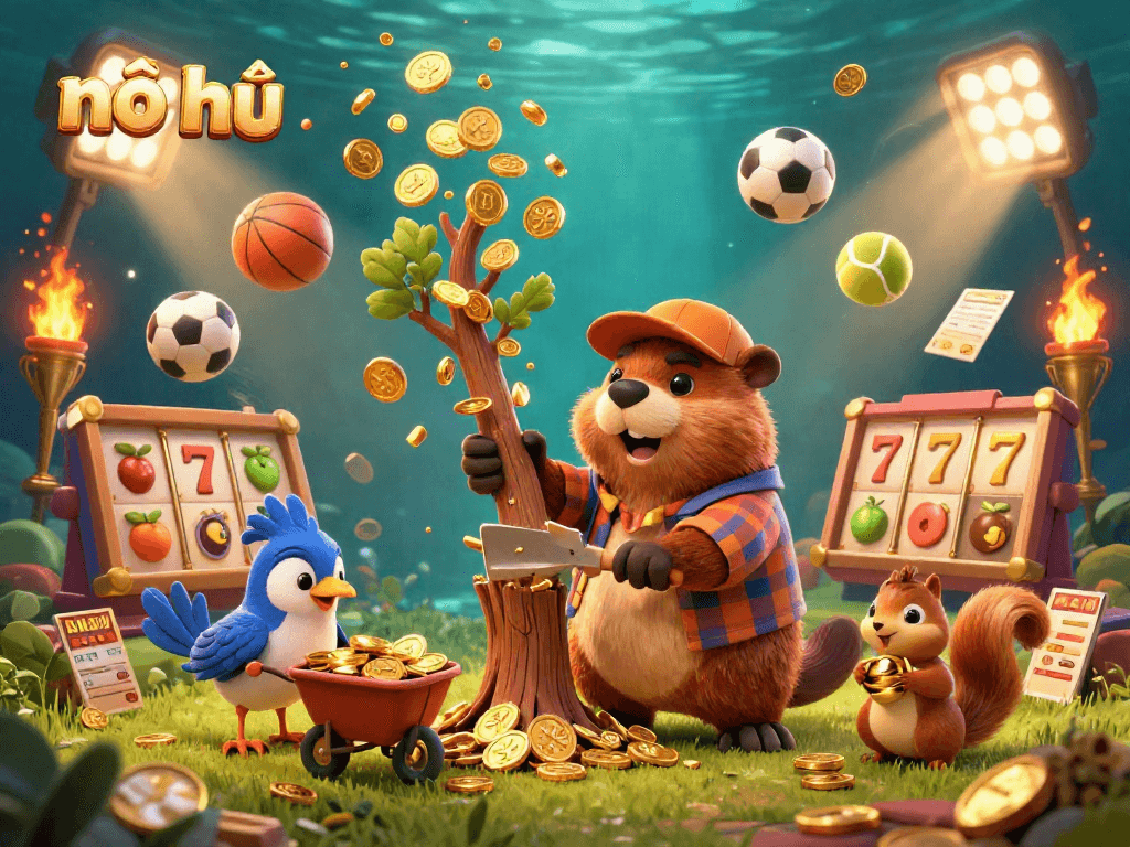 Engage with nổ hũ slots as a lumberjack beaver collects golden coins in a vibrant casino scene.