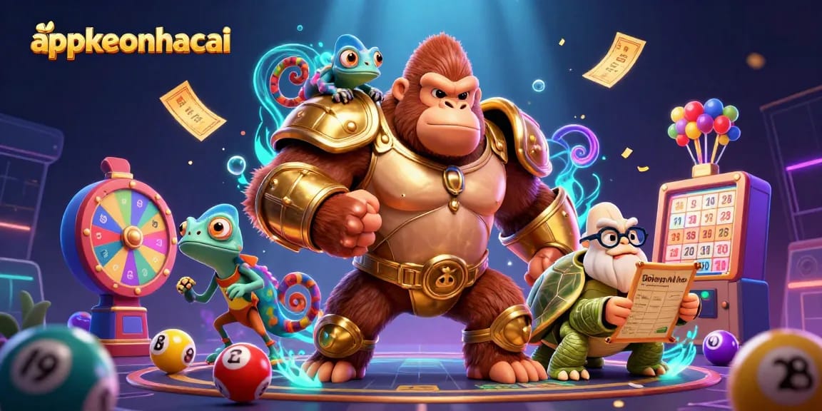 appkeonhacai showcases vibrant elements of gambling, with a powerful gorilla king, colorful lottery balls, and dynamic prize visuals.