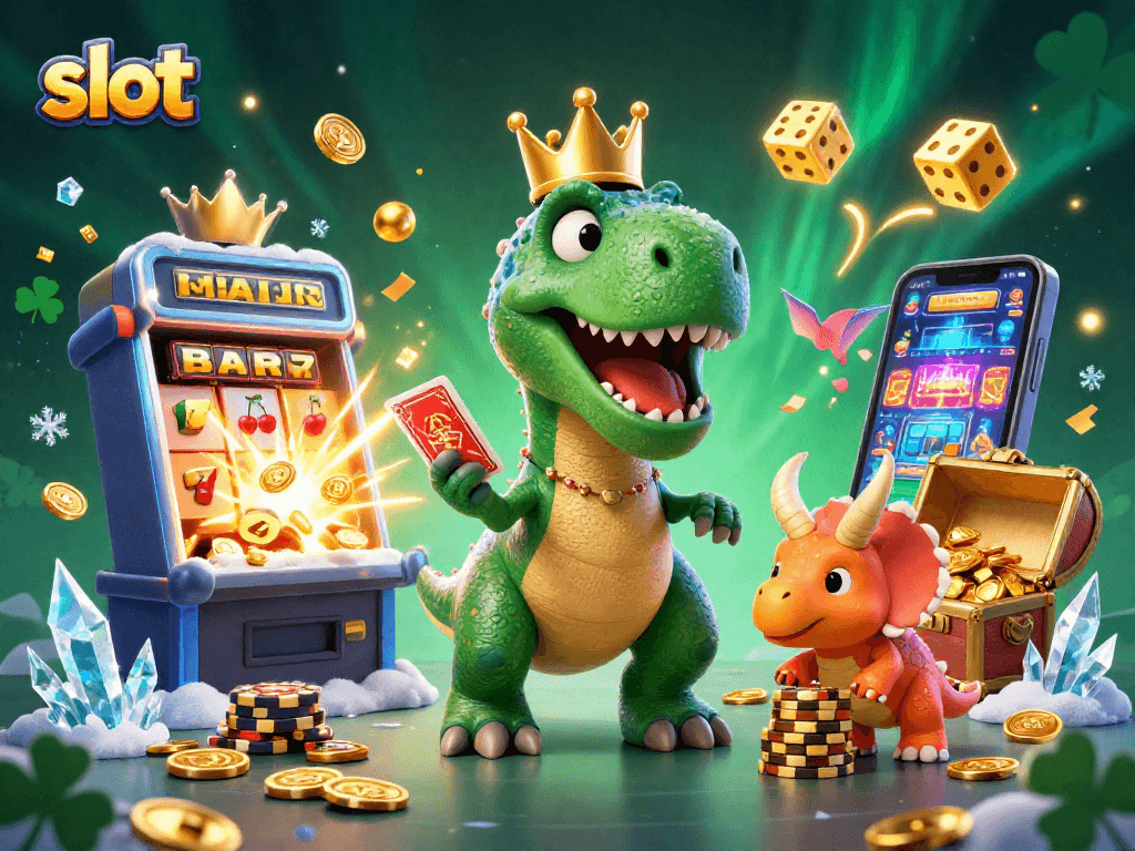 Permainan slot yang menarik dengan T-Rex bermain kartu dan Triceratops menumpuk chip emas.