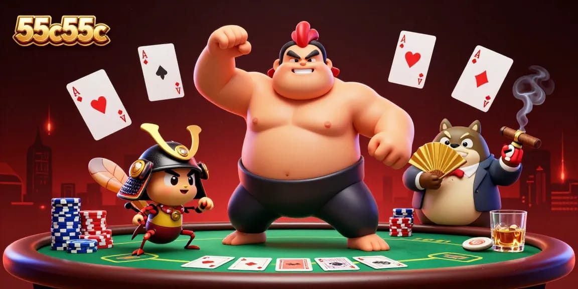 O poderoso galo lutador e o grilo em batalha em 55c55c, jogando poker em um cenário vibrante.