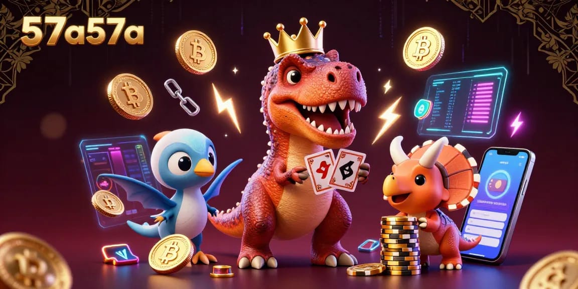 Join the action at 57a57a with a T-Rex shuffling cards and a triceratops stacking chips in a crypto casino scene.
