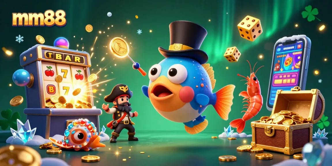 Experience mm88's vibrant casino world with a colorful 3D anglerfish and gold coins.