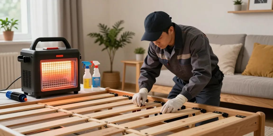 Bed bug exterminator inspecting a bed frame with treatment tools, ensuring safety and privacy.