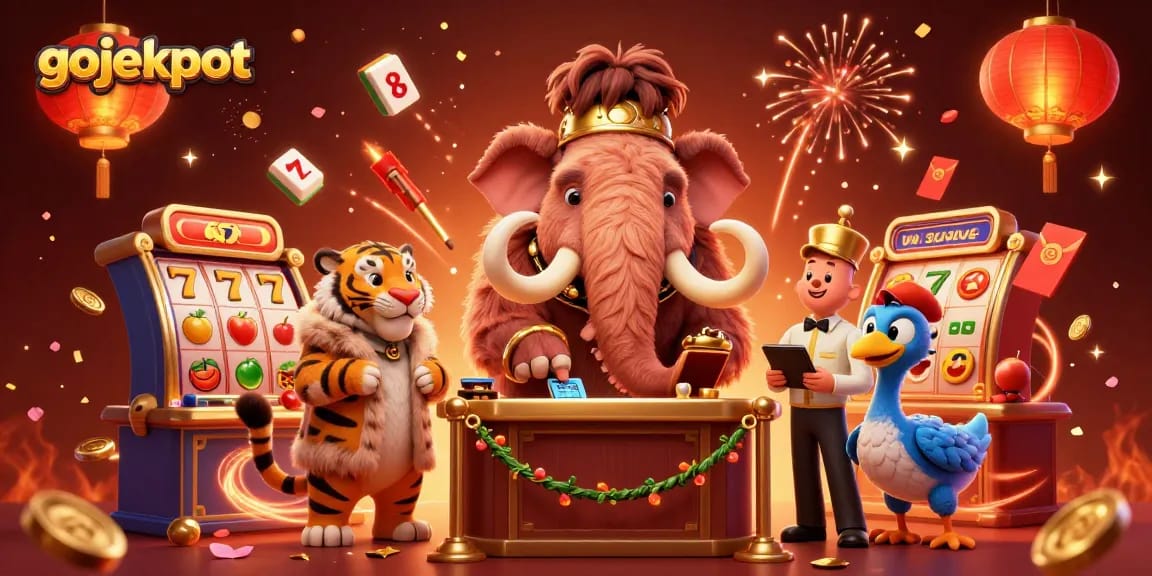 Experience exciting jackpots with gojekpot at this vibrant casino scene featuring a woolly mammoth bouncer.