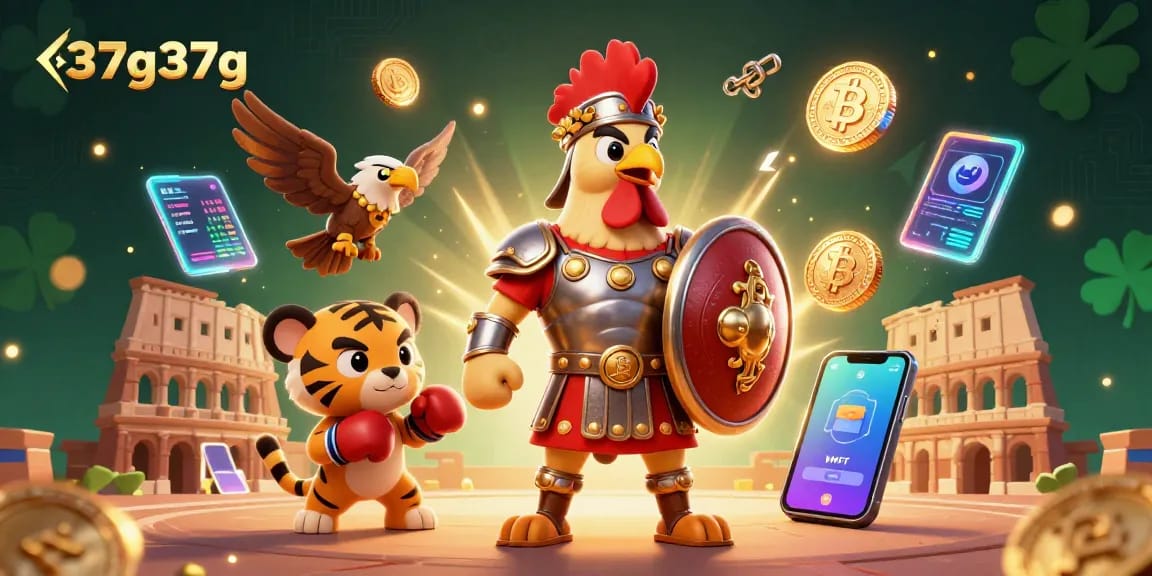 37g37g mostra um cenário de cassino vibrante e cheio de ação com personagens únicos e elementos de criptomoeda.