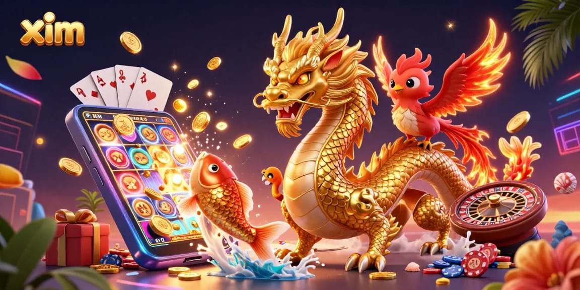 Engage with xim's vibrant casino adventure featuring a golden dragon, phoenix, and koi fish amid lively gaming elements.