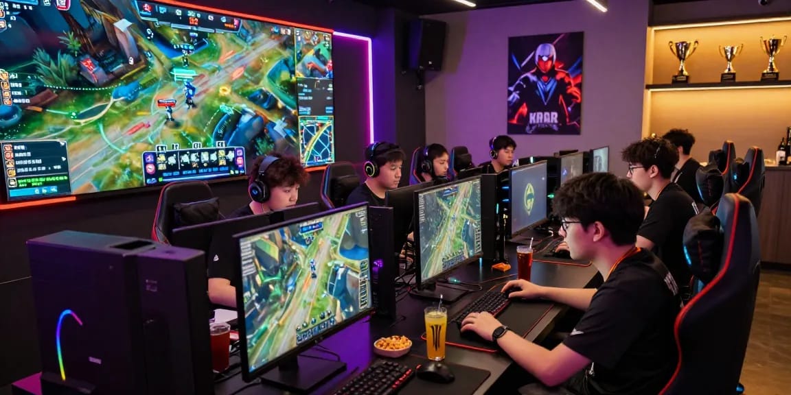 Rokok88 e-sports gaming room showcasing players and screens.