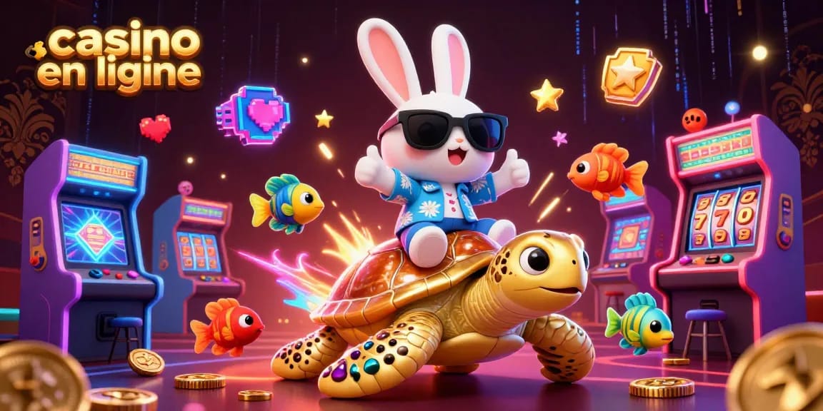 Participez à l'excitation du casino en ligne avec une scène vibrante mettant en vedette un lapin chanceux et une tortue dorée.