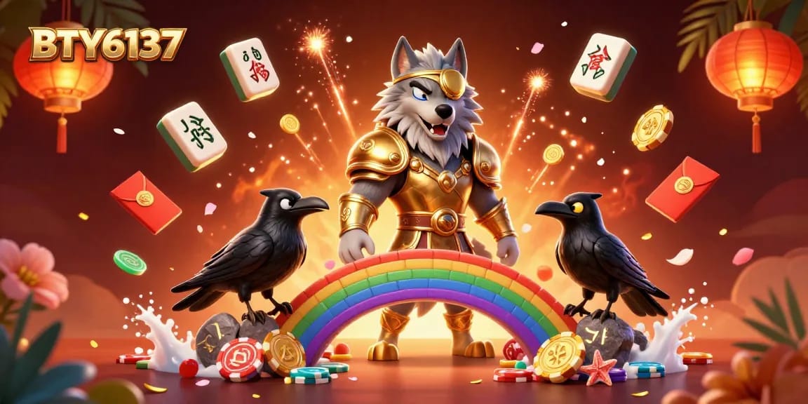 Experience the thrill of BTY6137 with Odin and ravens amid vibrant casino elements!