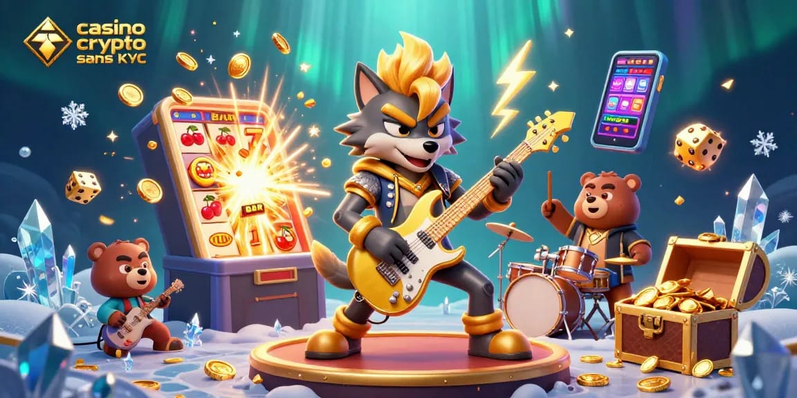 Jeux passionnants au casino crypto sans KYC avec un loup rock star et un ours musicien.