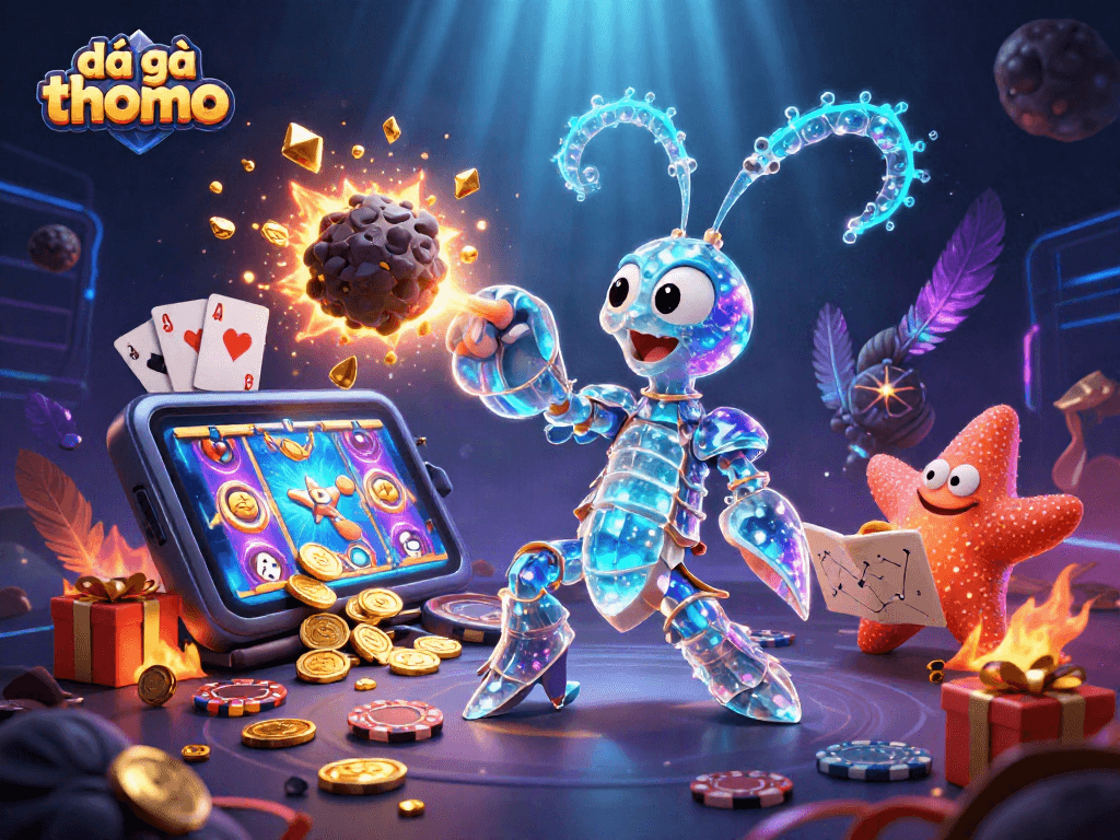 Engage in đá gà thomo with a vibrant 3D illustration depicting an intense cockfighting arena scene.