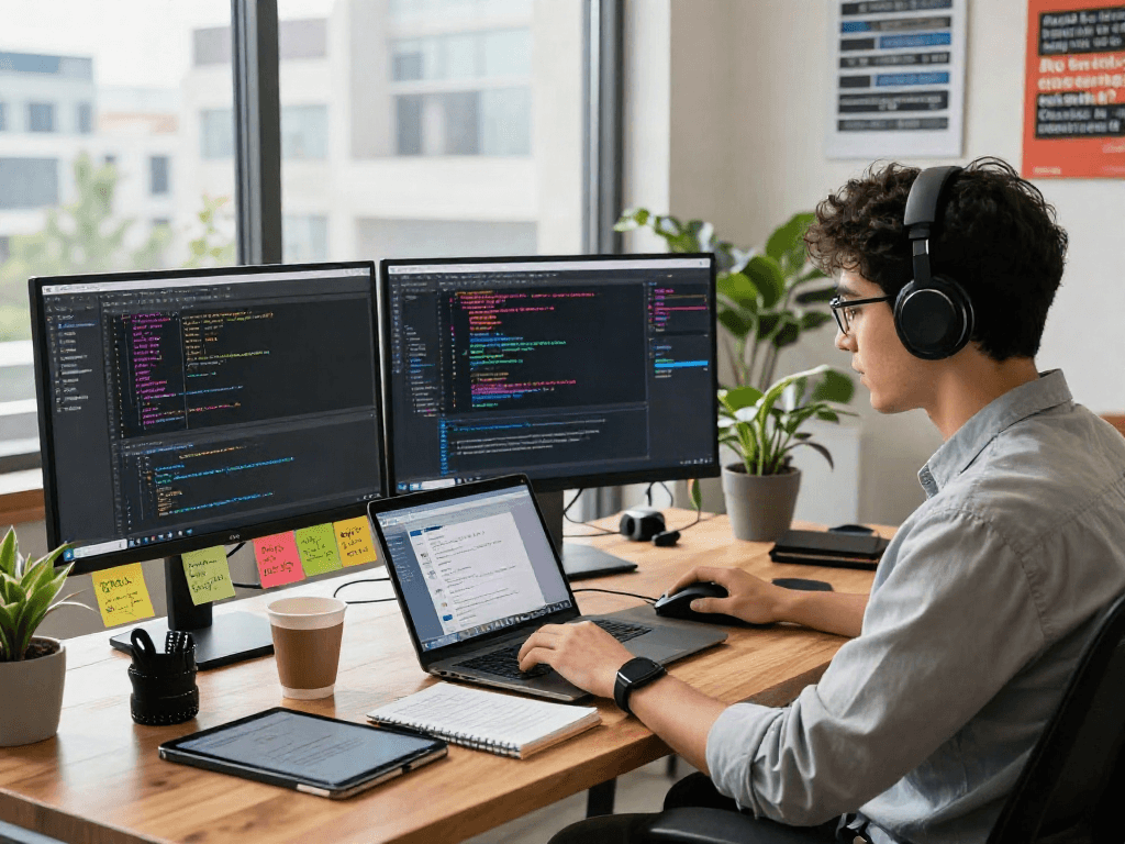 Pikashow software development workspace with vibrant coding screens and tech gadgets.
