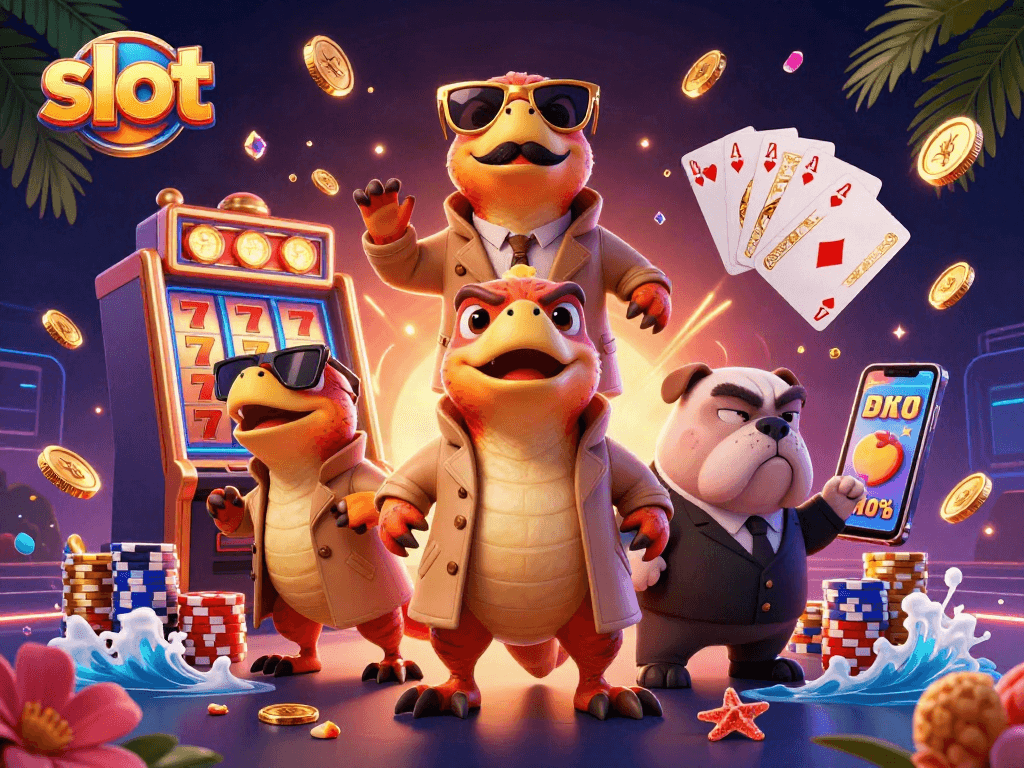 slot machine reels showcasing lucky sevens in a vibrant casino scene with animated characters