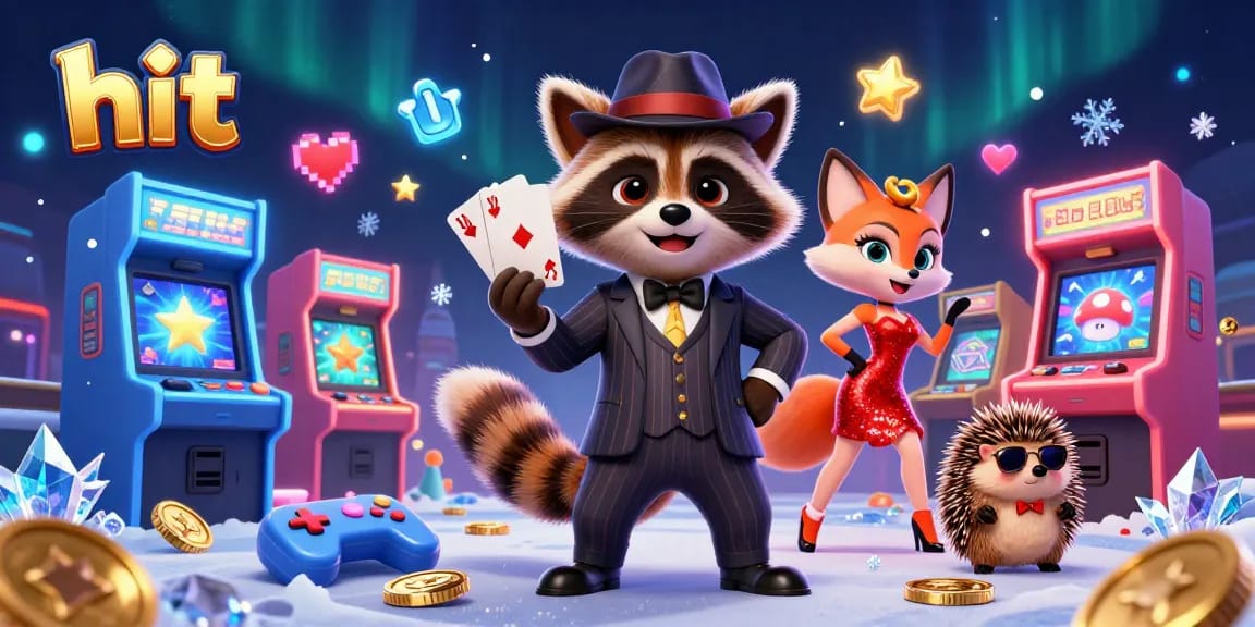 Hit a royal flush with raccoon, fox, and hedgehog in a vibrant casino scene.
