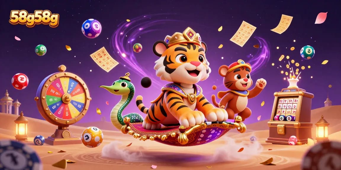 Aproveite 58g58g com uma divertida máquina de loteria e tigre sultão encantador em cena de casino vibrante.
