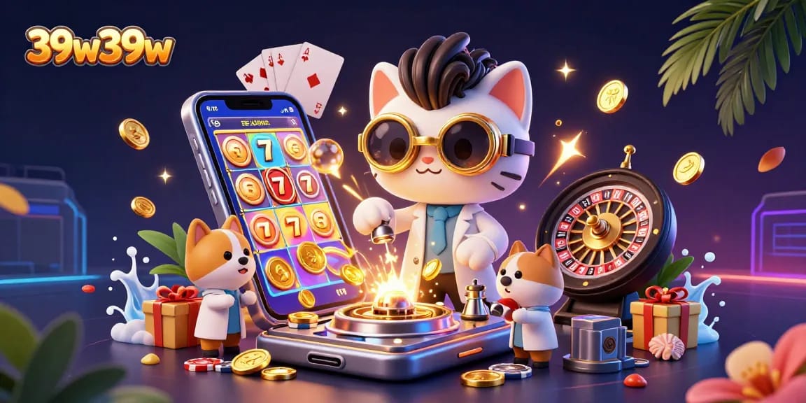 39w39w showcases a lively scene with a mad scientist cat and assistant creating coins amidst slot games and roulette.