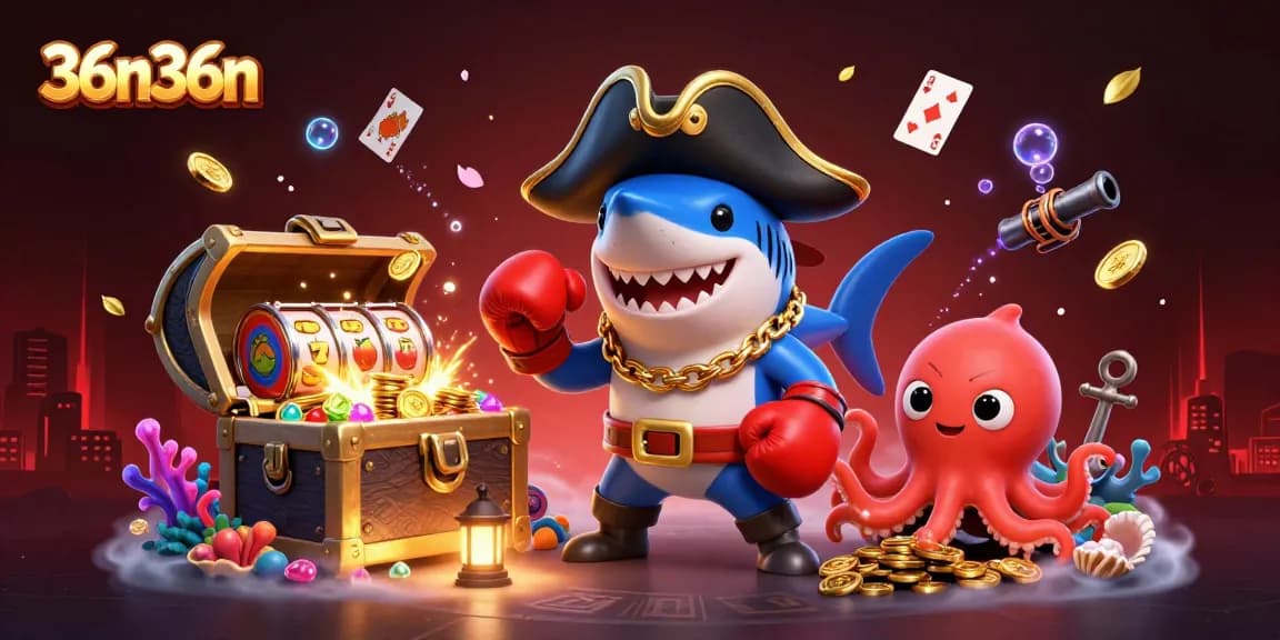 Engage with 36n36n's exciting adventure featuring a dynamic pirate shark and playful characters in a vibrant underwater casino scene.