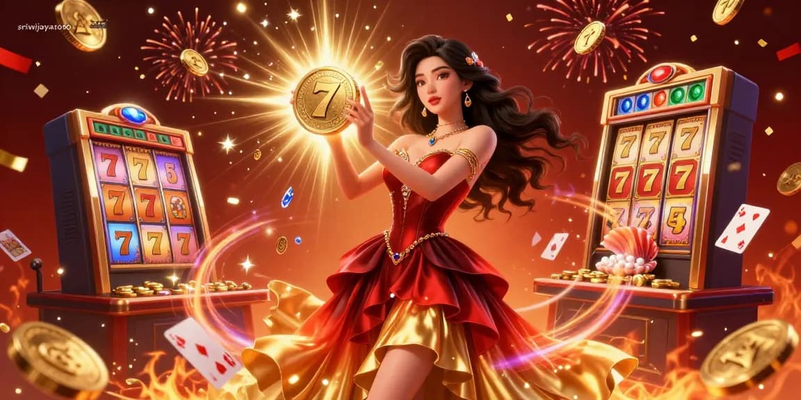 Sriwijayatoto casino scene showcasing a stunning Asian woman with a golden coin amidst vibrant slot machines, capturing excitement.