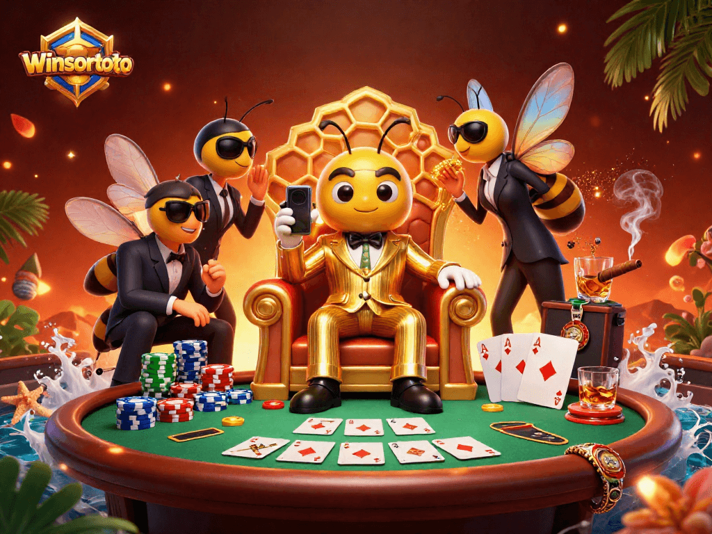 Menyajikan winsortoto dengan bumblebee bos kasino dan kartu poker di latar glamor.