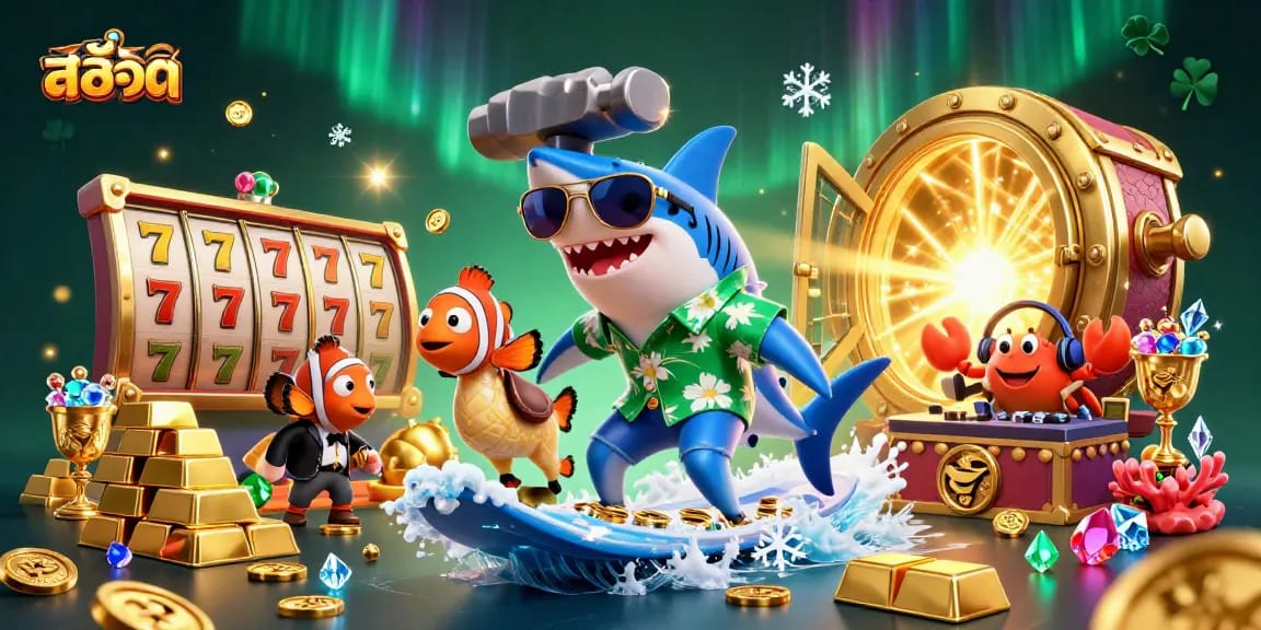 Spin the reels with excitement in this vibrant casino-themed scene featuring สล็อต elements and playful characters.