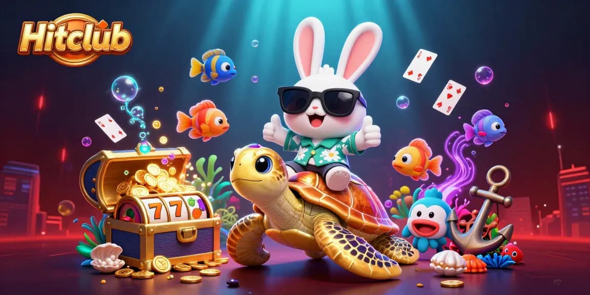 Engage in excitement at Hitclub with a lucky rabbit and golden turtle amidst vibrant slot treasures.