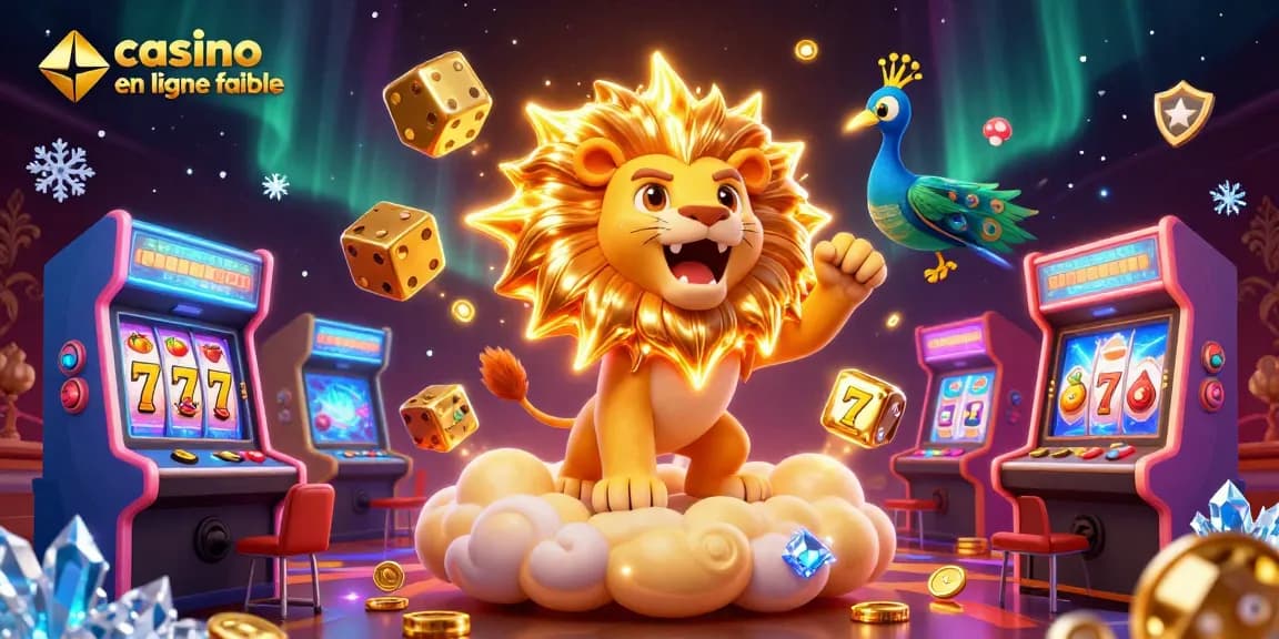Jouez dans un casino en ligne fiable grâce à cette illustration colorée et dynamique avec des machines à sous et un lion majestueux.