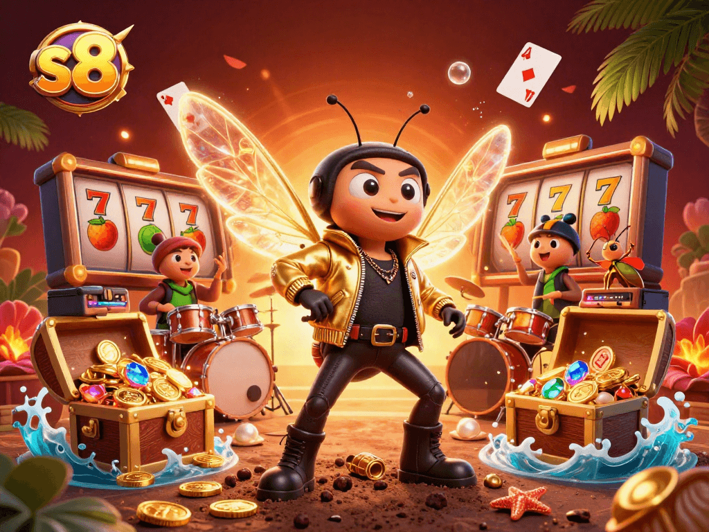 s8 casino illustration featuring a rock star cicada and vibrant slot reels with coins.