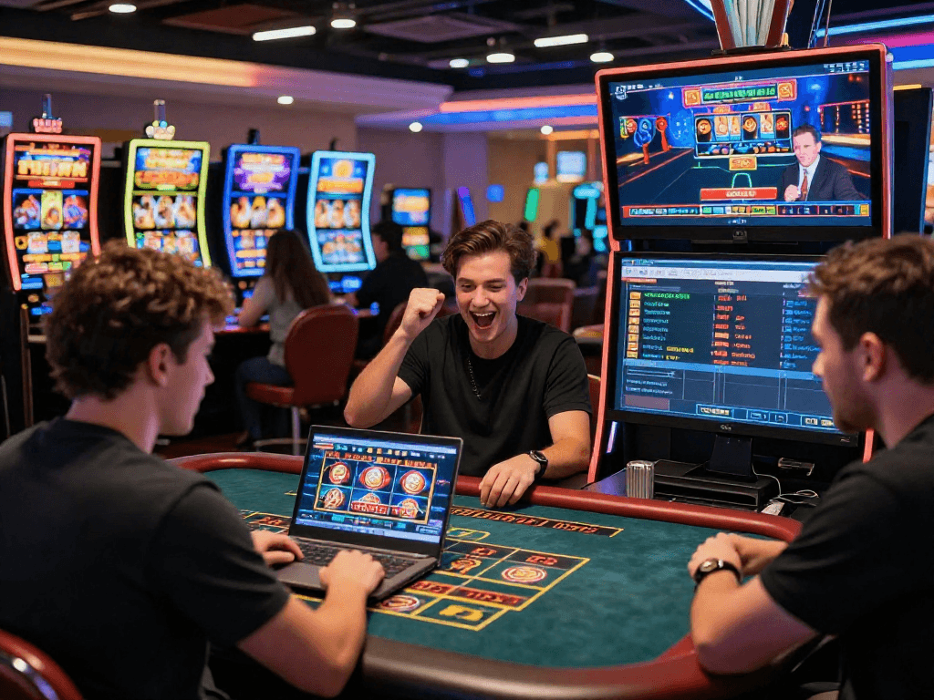 Exciting online gambling atmosphere showcasing players engaged on a trusted situs slot terpercaya platform, celebrating high-stakes gaming.