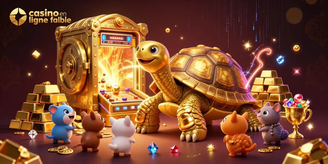 Illustration dynamique de casino en ligne fiable avec tortue en or, trésor et personnages enthousiastes.