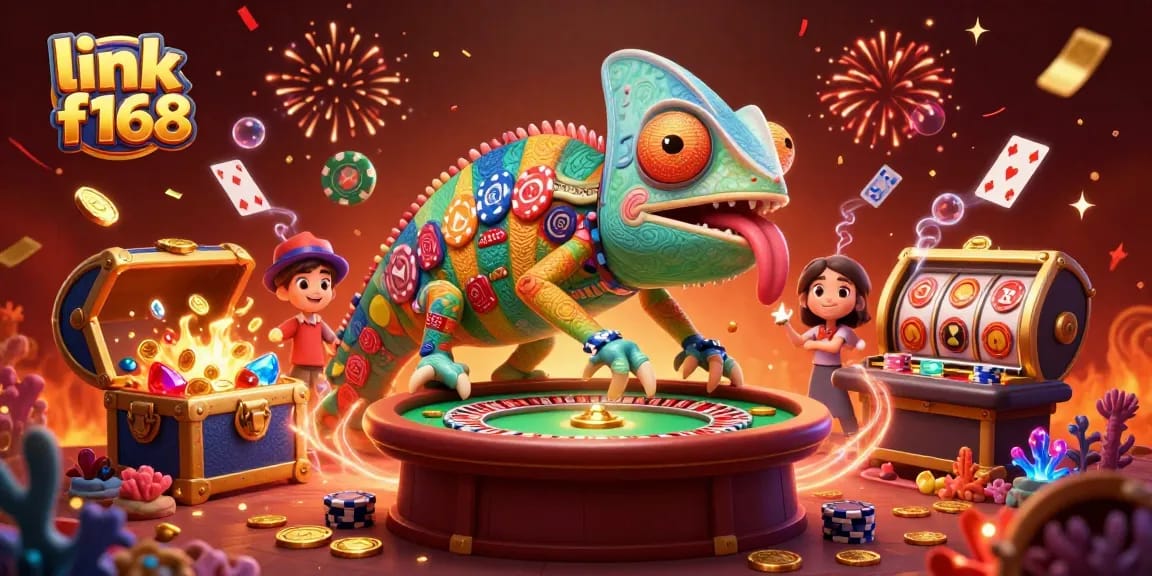 Experience the excitement of link f168 with vibrant gaming scenes featuring chameleon casino owner and glittering treasures.