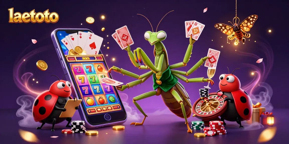 Play slots with laetoto's unique colorful elements in a vibrant casino scene.