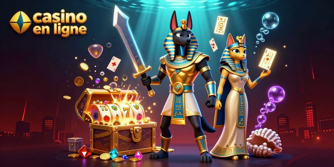 Vivez l'excitation avec un casino en ligne mettant en vedette Anubis et des éléments de trésor dans une scène vibrante.