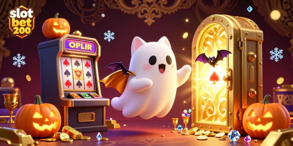 Engage with slot bet 200 in a vibrant casino scene with a playful ghost and vampire bat.