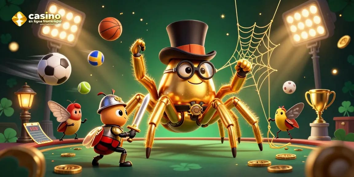 Illustration dynamique d'un casino en ligne France légal avec une tarentule dorée et un chevalier scarabée.