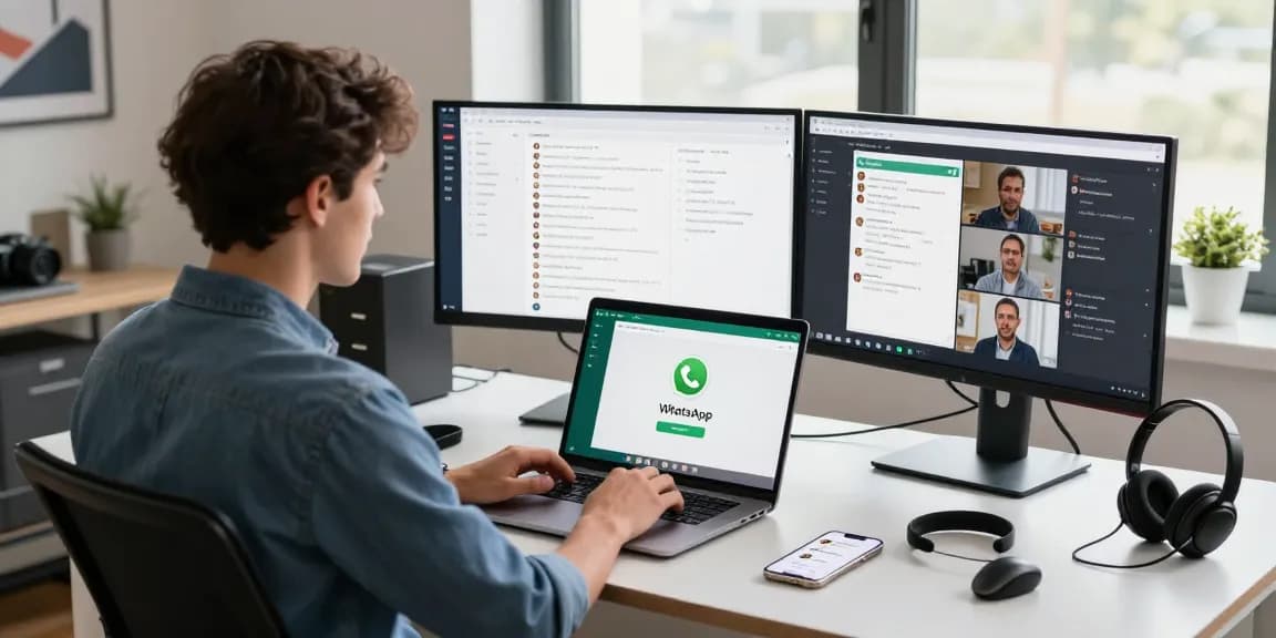 Professional workspace showcasing WhatsApp網頁版 on a laptop with natural lighting.