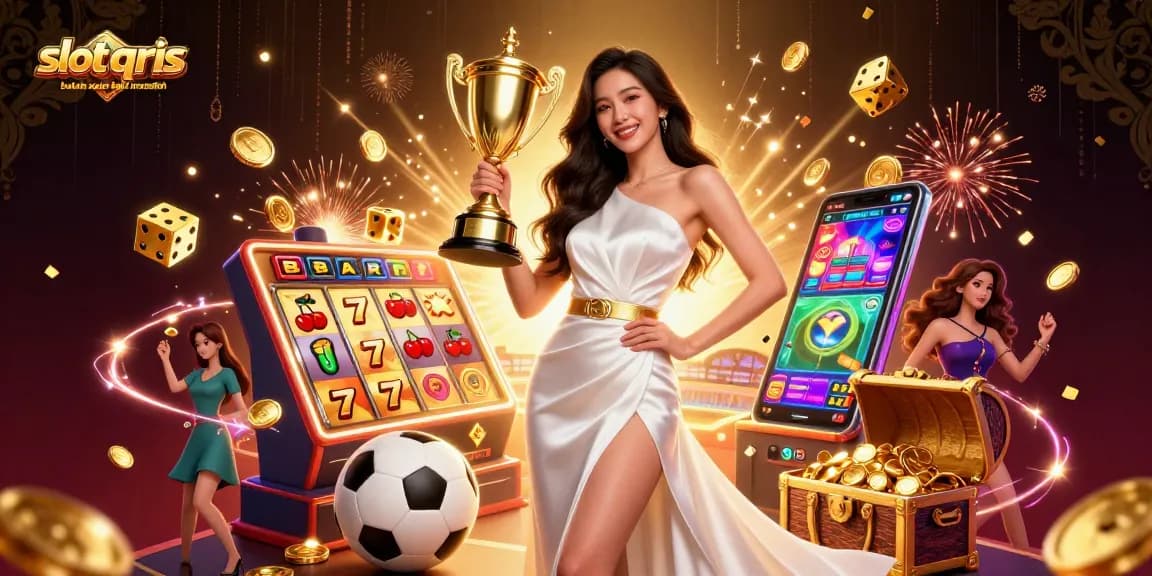 Experience the thrilling world of slot qris bukan solusi tapi masalah with a victorious Asian woman celebrating in an opulent casino setting.